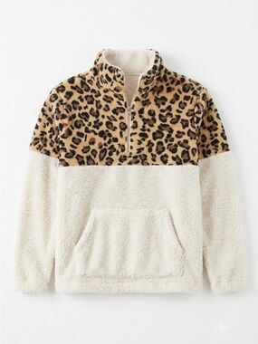 C+D+M Leopard & Cream Sherpa Quarter-Zip Pullover - Women’s Large